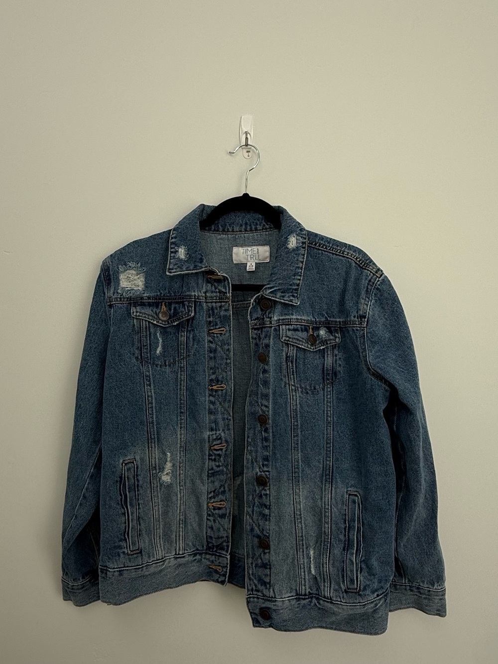 Time and Tru Blue Distressed oversized Denim Jacket